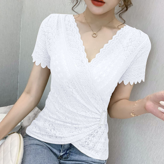 V-neck Lace Bottoming Women's New Trendy Short-sleeved Blouse