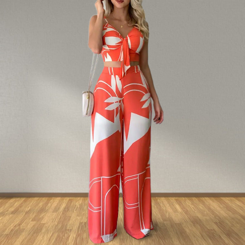 Bandeau Tie Loose Wide Leg Pants Print Set