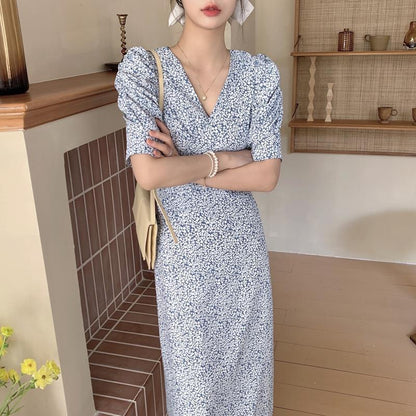 Korean Ins Summer New Retro One-piece Cross V-neck Pleated Chiffon Floral Dress Temperament Short Sleeve Dress