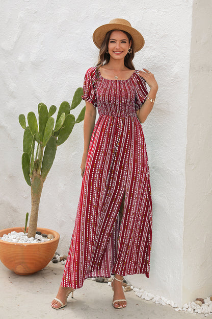 Spring And Summer New Vertical Stripes Floral Print Slit Waist Dress