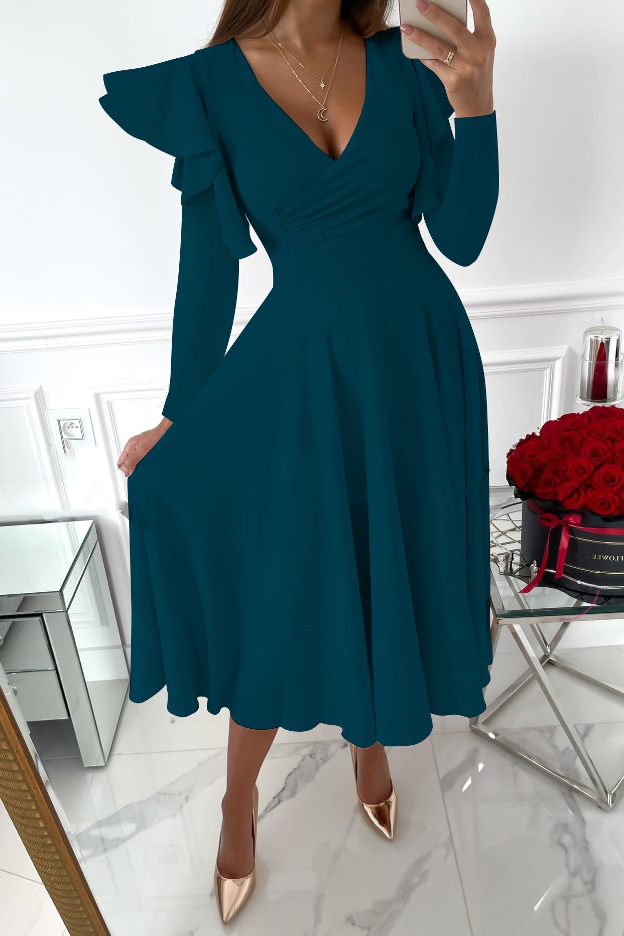 Autumn And Winter Long Sleeved V Neck Ruffled Waist Dress Women's