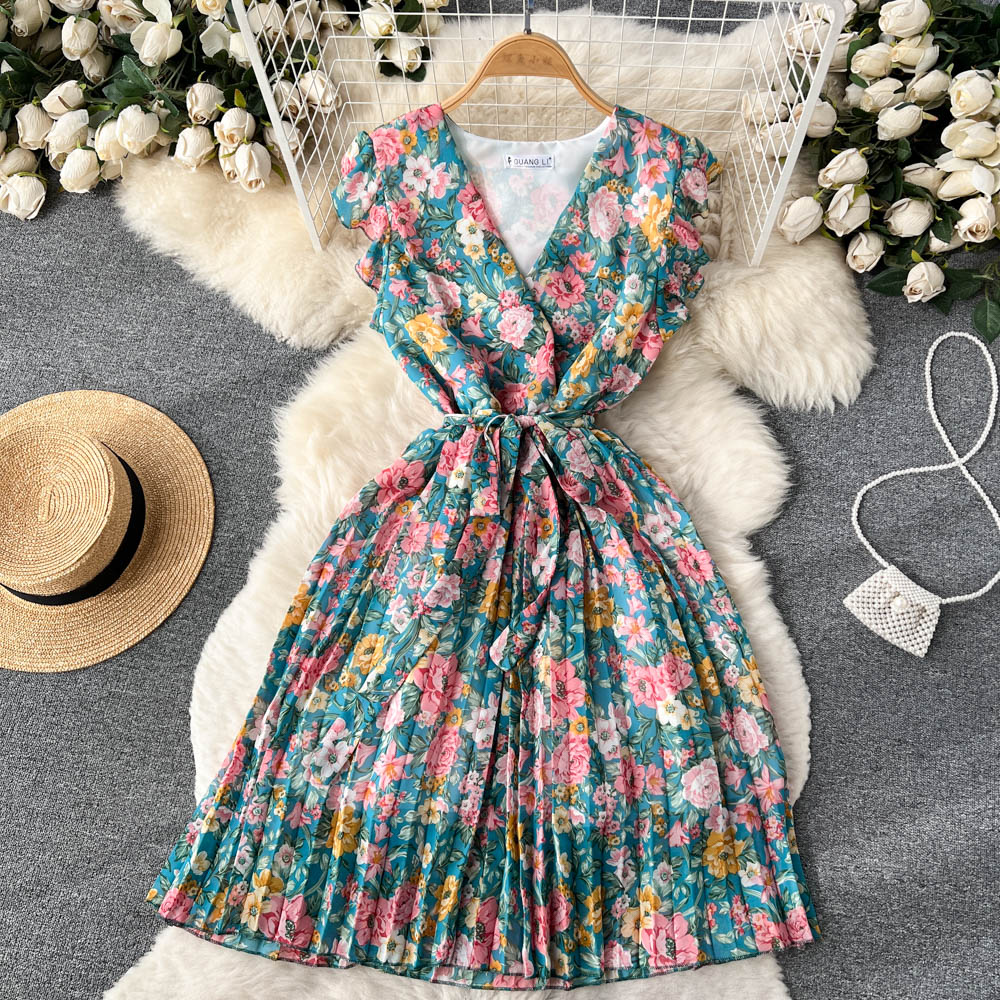 Women's V-neck Spring and Summer Chiffon Dress