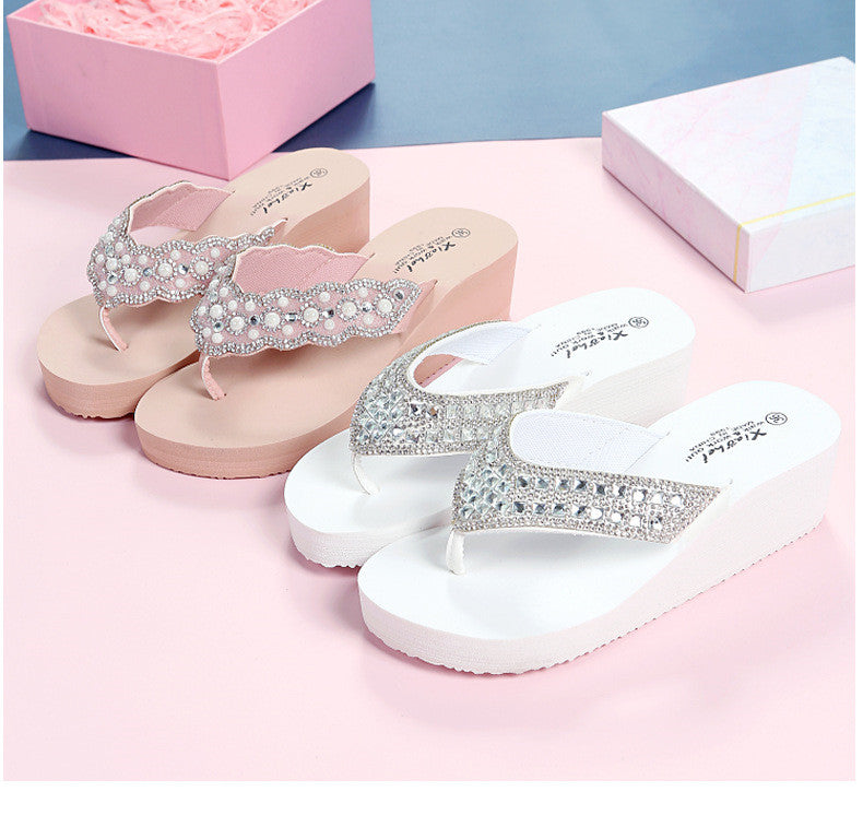 Slippers, Rhinestones Rubber Sole Beach Slope With Flip-flops