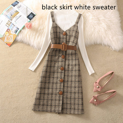 Women's Temperament Retro Plaid Dress Two Piece