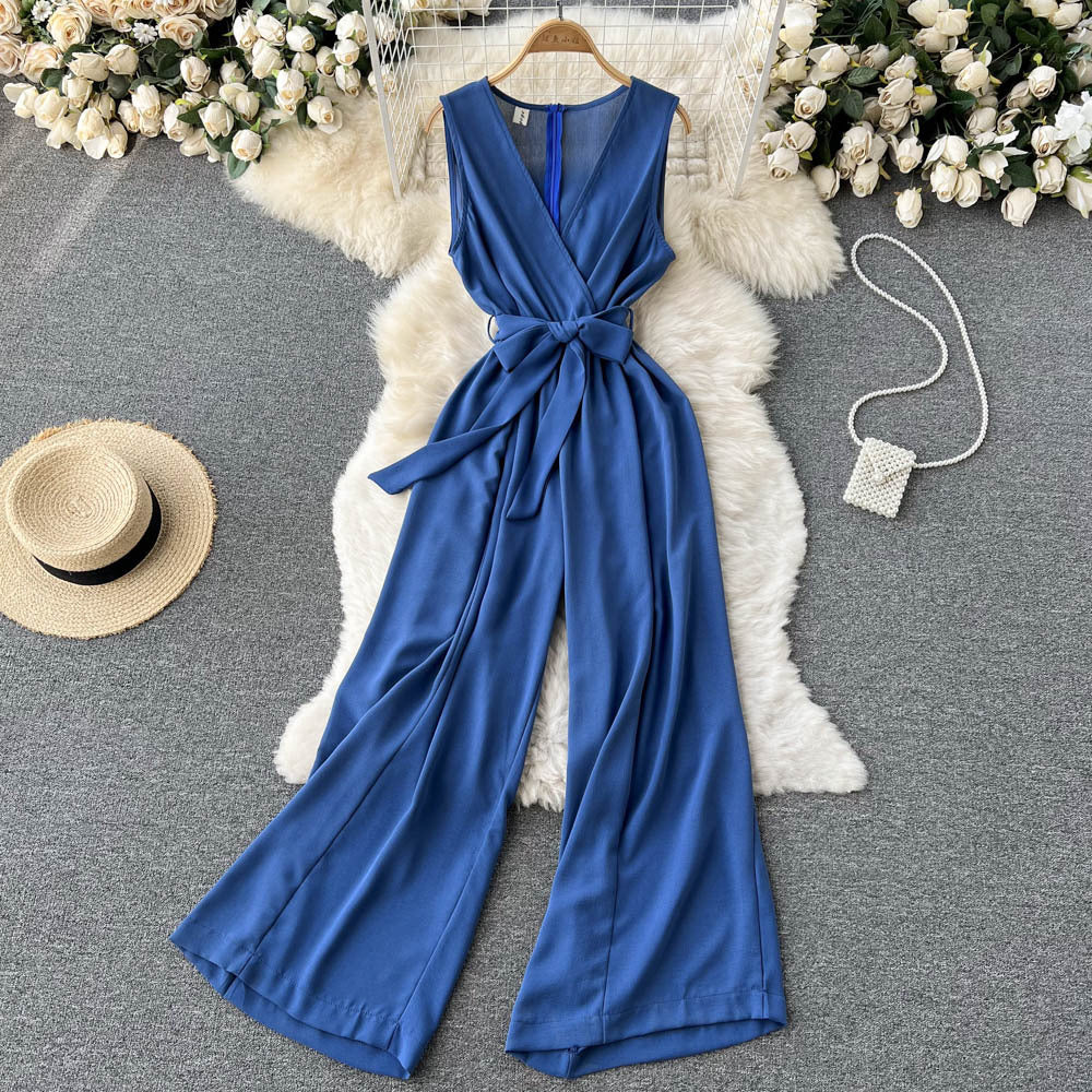 Fashionable Ladies Temperament V-neck Sleeveless Jumpsuit With Waist