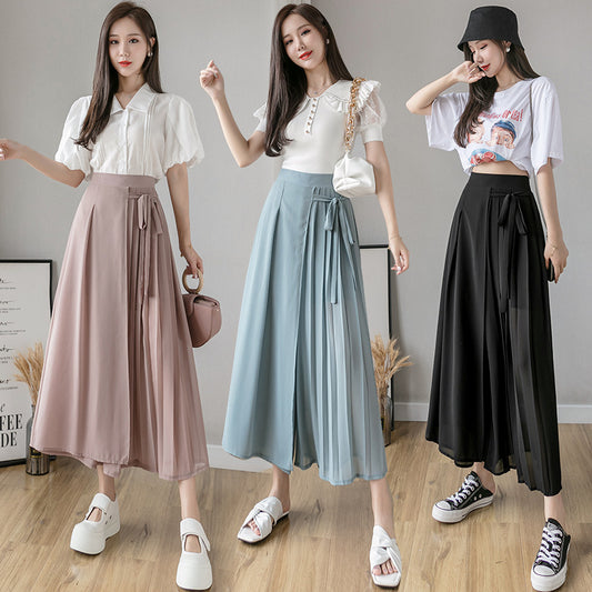 Pleated Chiffon Cropped Elastic Waist Casual Pants Pantskirt