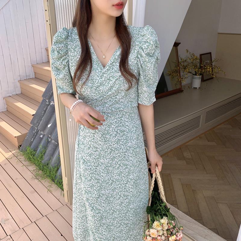 Korean Ins Summer New Retro One-piece Cross V-neck Pleated Chiffon Floral Dress Temperament Short Sleeve Dress