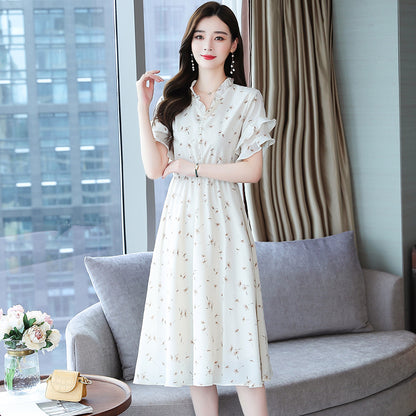 Women's Floral Dress Korean-style Waist Trimming Short-sleeved Chiffon