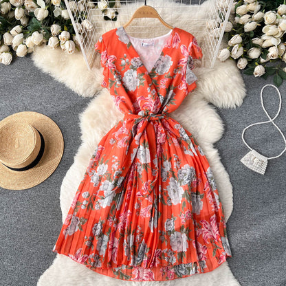 Women's V-neck Spring and Summer Chiffon Dress