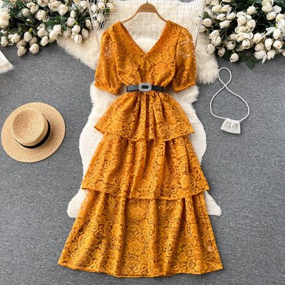 V Neck Dress With Lace Up Waist For Women