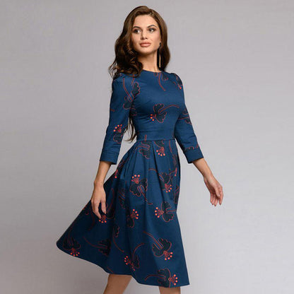 Women's Floral Pleated Round Neck Dress