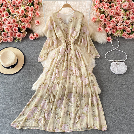 Women's Fashionable V-neck Floral Chiffon Dress