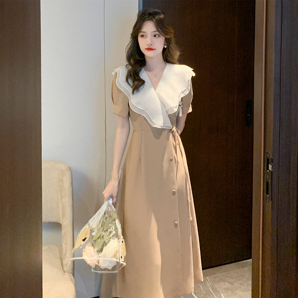 Summer New Style High Sense Temperament Waist-controlled Slimming Fairy Lady Skirt Long Lapel French Retro Dress For Women